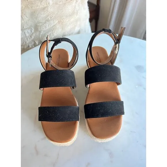 NWOT American Eagle Black Suede Chunky Jute Platform Wedge Sandals