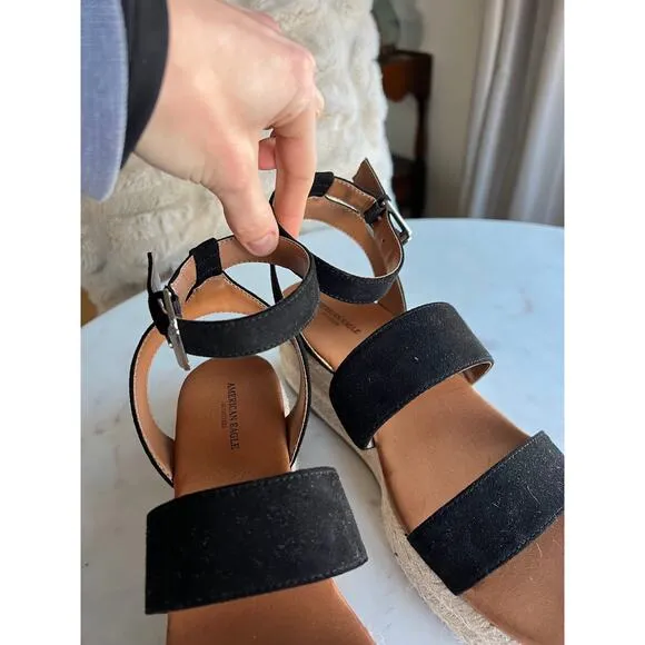 NWOT American Eagle Black Suede Chunky Jute Platform Wedge Sandals