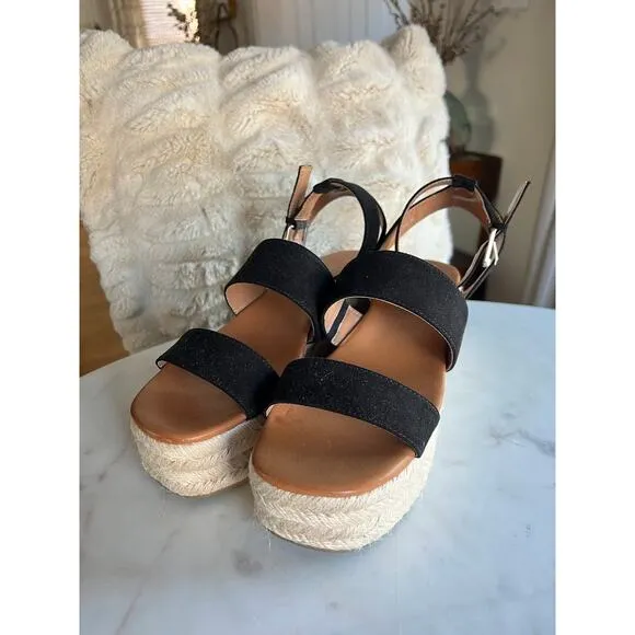 NWOT American Eagle Black Suede Chunky Jute Platform Wedge Sandals