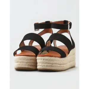 NWOT American Eagle Black Suede Chunky Jute Platform Wedge Sandals