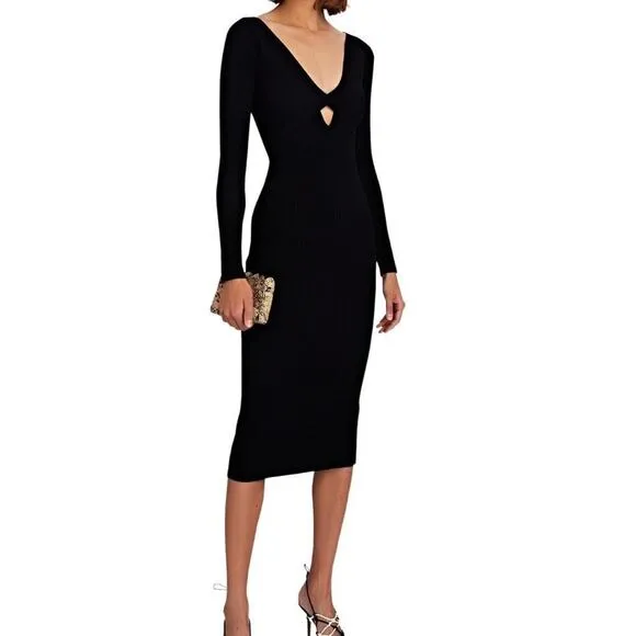NWOT INTERMIX Imogen Cut-Out Knit Midi Dress in Black, Size Large