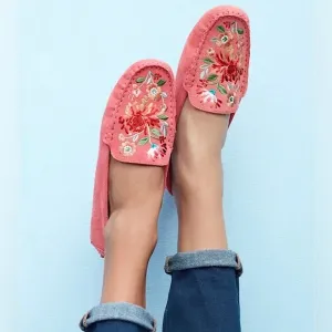 NWOT Johnny Was Vivian Moccasins Pink Suede Floral Embroidered Shoe Flats