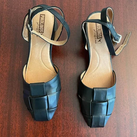 NWOT Pikolinos Murcia Black Leather Ankle Strap Chunky Heels Sandals