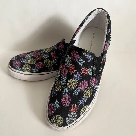 NWOT Sophia Webster Adele Pineapple Print Slip-On Sneaker 7 Black/Multi Canvas