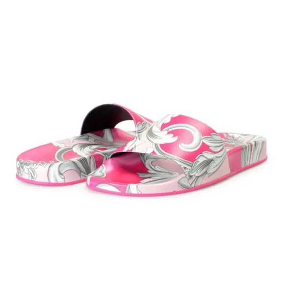 NWOT VERSACE Women's English Rose &amp; Fuxia Barocco Print Pool Slide Shoes