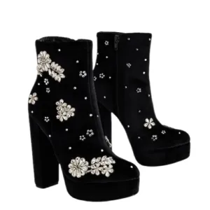 NWT Express Elegant Velvet Gem Embellished Side Zip Platform Ankle Boots Black 9