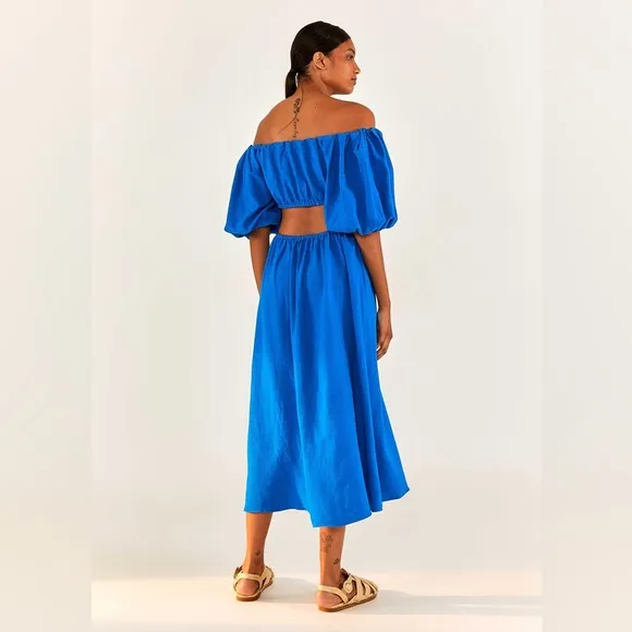 NWT FARM Rio Blue Midi Knot Linen Blend Dress S