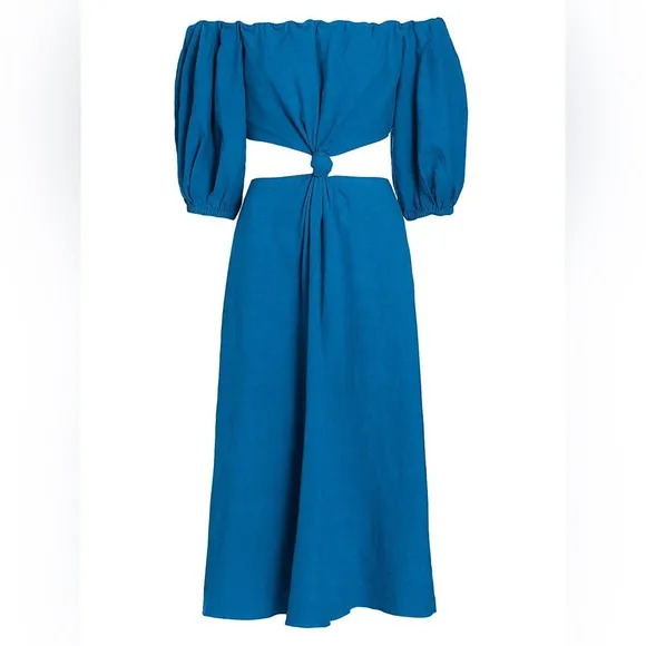 NWT FARM Rio Blue Midi Knot Linen Blend Dress S