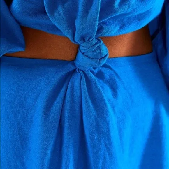 NWT FARM Rio Blue Midi Knot Linen Blend Dress S