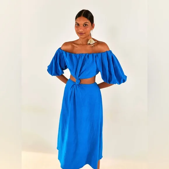 NWT FARM Rio Blue Midi Knot Linen Blend Dress S