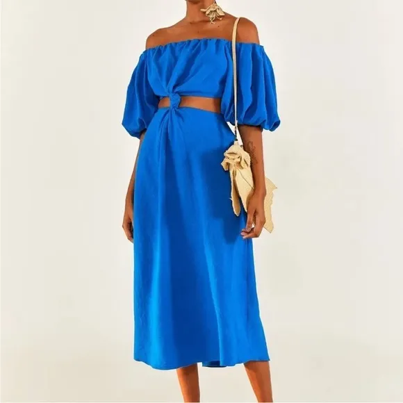 NWT FARM Rio Blue Midi Knot Linen Blend Dress S
