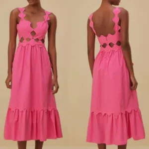 NWT FARM Rio Cut-Out Organic Cotton Sleeveless A-Line Midi Dress Pink Women's M