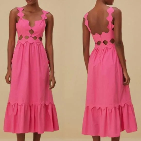 NWT FARM Rio Cut-Out Organic Cotton Sleeveless A-Line Midi Dress Pink Women's M
