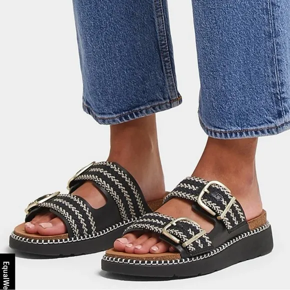 NWT FITFLOP GEN-FF Buckle Two-Bar Stripe-Weave Chunky Slides Sandals Black 7