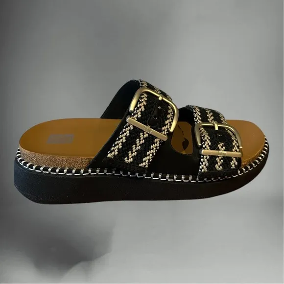 NWT FITFLOP GEN-FF Buckle Two-Bar Stripe-Weave Chunky Slides Sandals Black 7