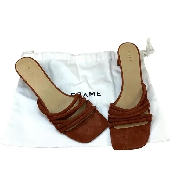 NWT Frame Le Tonga Mules Slides Brick Brown Heels 40 / 9.5 Strappy Sandals