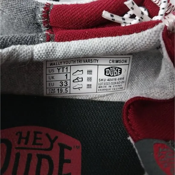 NWT Hey Dude Wally Tri Varsity Crimson Slip On Sneaker Youth Size YT1