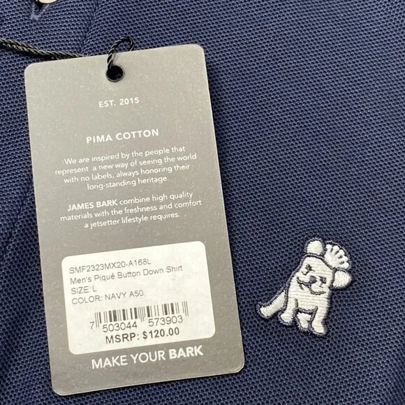NWT James Bark Mens Button Down Shirt Navy Blue Size L Pique Embroidered Logo
