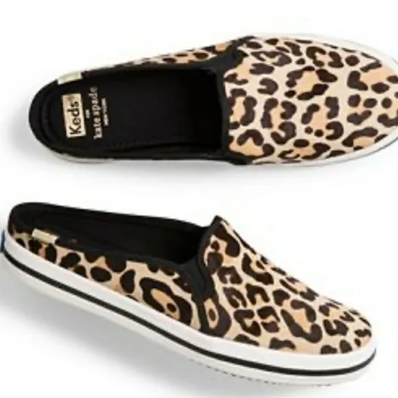 NWT KATE SPADE KEDS Double Deck Leopard Calf Hair Mules Slipon Leopard Slides