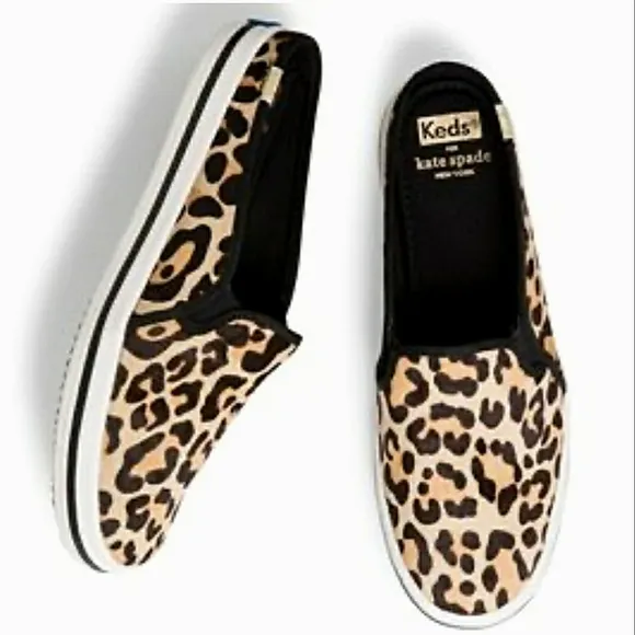 NWT KATE SPADE KEDS Double Deck Leopard Calf Hair Mules Slipon Leopard Slides