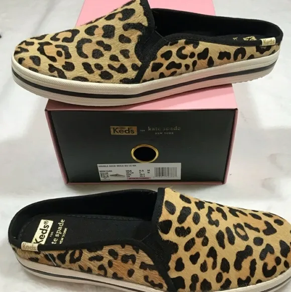 NWT KATE SPADE KEDS Double Deck Leopard Calf Hair Mules Slipon Leopard Slides