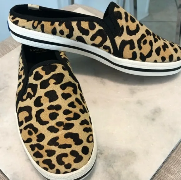 NWT KATE SPADE KEDS Double Deck Leopard Calf Hair Mules Slipon Leopard Slides