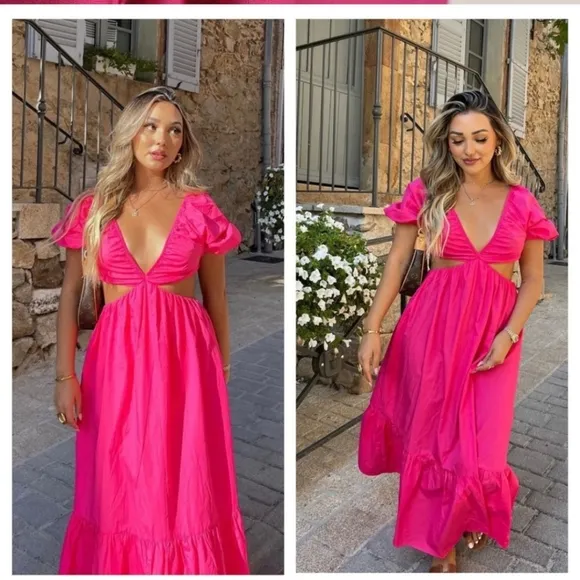 NWT * Zara Poplin Cut-Out Puff-Sleeve Midi Dress Fuchsia Large 1971/103