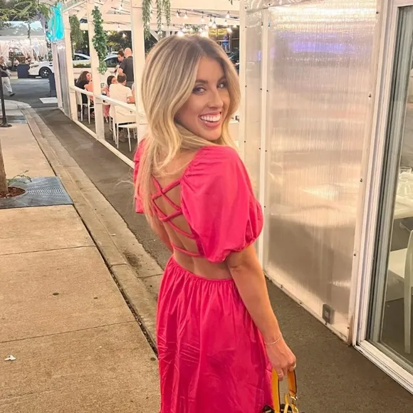 NWT * Zara Poplin Cut-Out Puff-Sleeve Midi Dress Fuchsia Large 1971/103