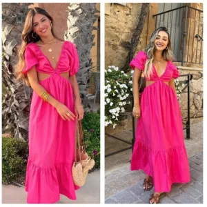 NWT * Zara Poplin Cut-Out Puff-Sleeve Midi Dress Fuchsia Large 1971/103