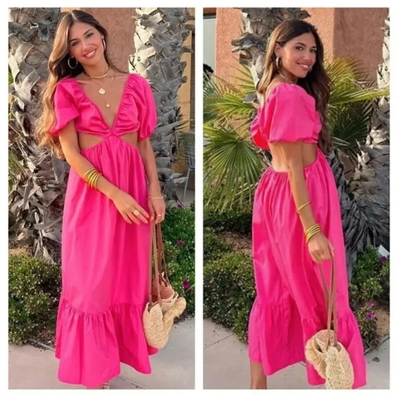 NWT * Zara Poplin Cut-Out Puff-Sleeve Midi Dress Fuchsia Large 1971/103
