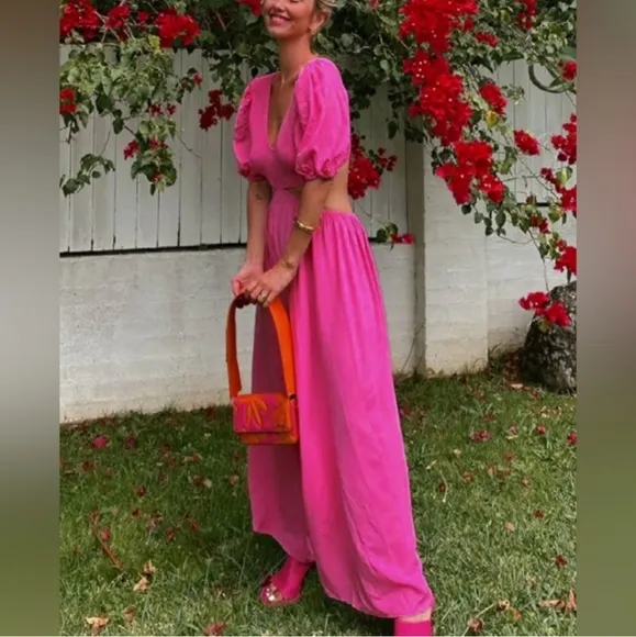 NWT * Zara Poplin Cut-Out Puff-Sleeve Midi Dress Fuchsia Large 1971/103