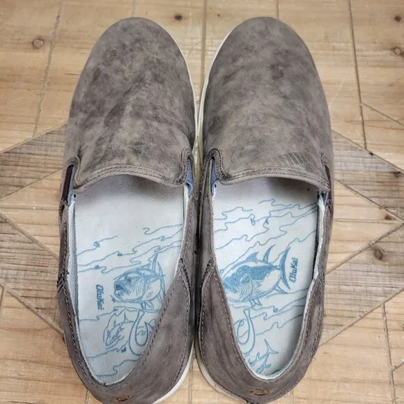 Olukai Kahu 'ili Men's 12M Gray Leather Slip on Loafer Sneakers 10384-2619