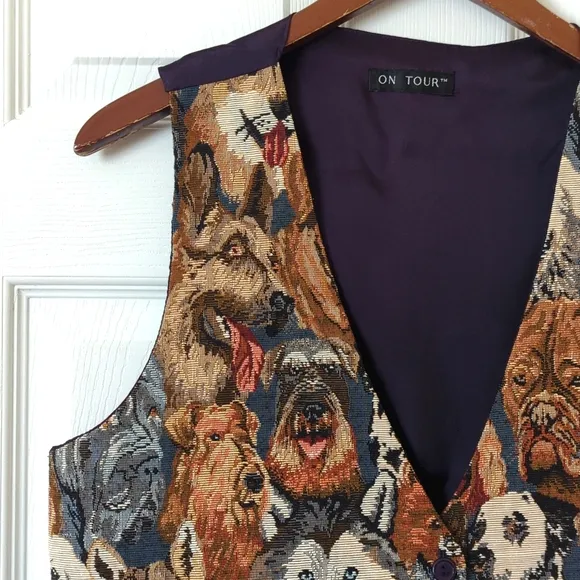 On Tour 80's Vintage Funky Dog Lover Tapestry Button Up V-neck Vest Navy Medium