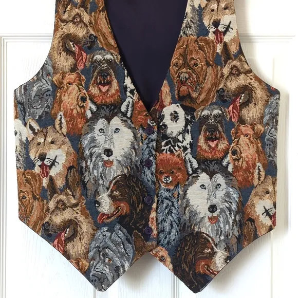 On Tour 80's Vintage Funky Dog Lover Tapestry Button Up V-neck Vest Navy Medium