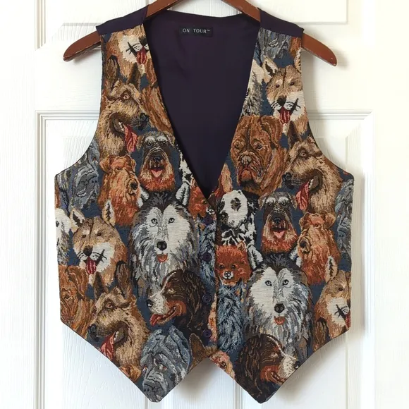 On Tour 80's Vintage Funky Dog Lover Tapestry Button Up V-neck Vest Navy Medium