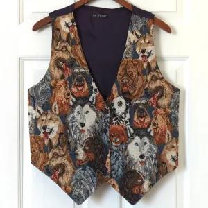 On Tour 80's Vintage Funky Dog Lover Tapestry Button Up V-neck Vest Navy Medium