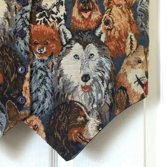 On Tour 80's Vintage Funky Dog Lover Tapestry Button Up V-neck Vest Navy Medium