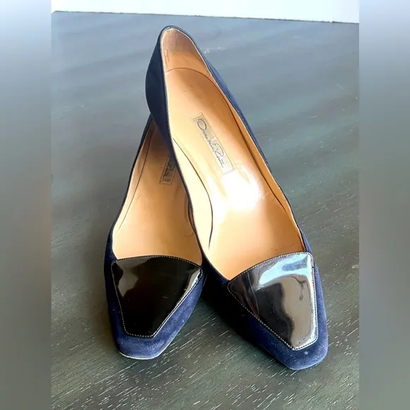 Oscar de La Renta Riley Blue Suede &amp; Patent Leather Shoes Loafers Flats Sz 9.5