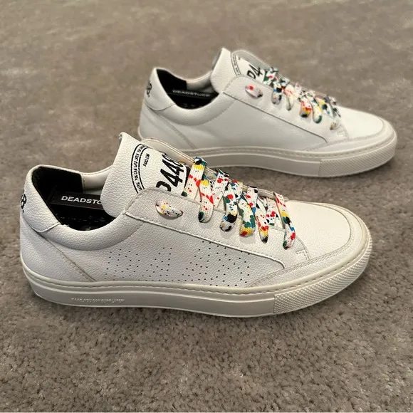 P448 Eco-Friendly Leather Low Top Shoes White w Rainbow Splatter Paint Laces