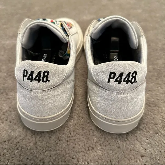 P448 Eco-Friendly Leather Low Top Shoes White w Rainbow Splatter Paint Laces