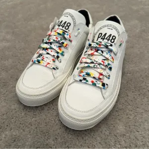 P448 Eco-Friendly Leather Low Top Shoes White w Rainbow Splatter Paint Laces