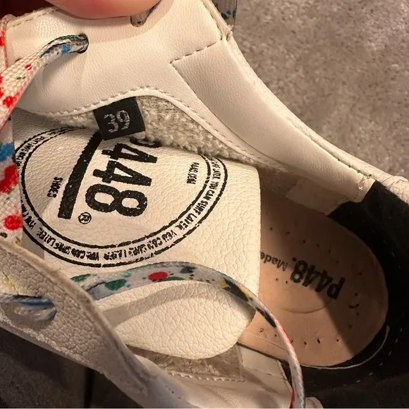P448 Eco-Friendly Leather Low Top Shoes White w Rainbow Splatter Paint Laces