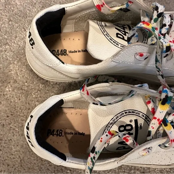 P448 Eco-Friendly Leather Low Top Shoes White w Rainbow Splatter Paint Laces