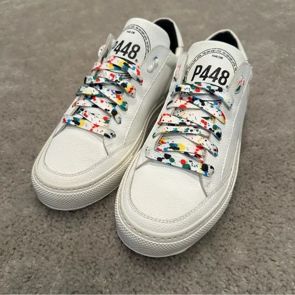 P448 Eco-Friendly Leather Low Top Shoes White w Rainbow Splatter Paint Laces