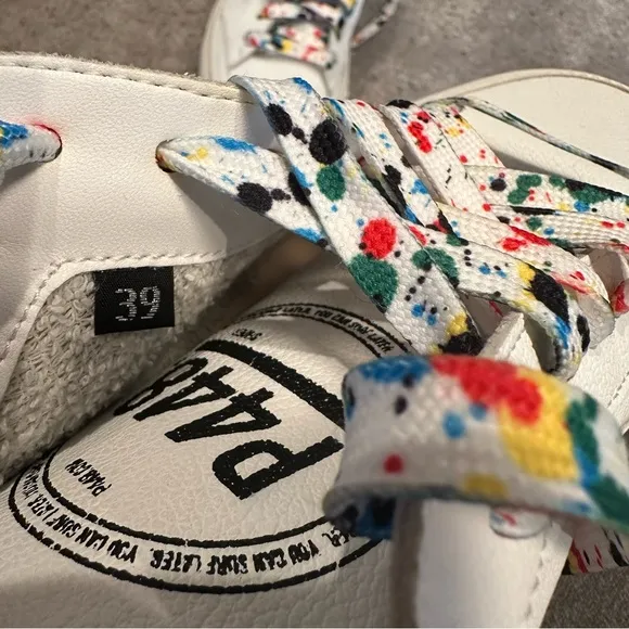 P448 Eco-Friendly Leather Low Top Shoes White w Rainbow Splatter Paint Laces