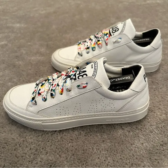 P448 Eco-Friendly Leather Low Top Shoes White w Rainbow Splatter Paint Laces