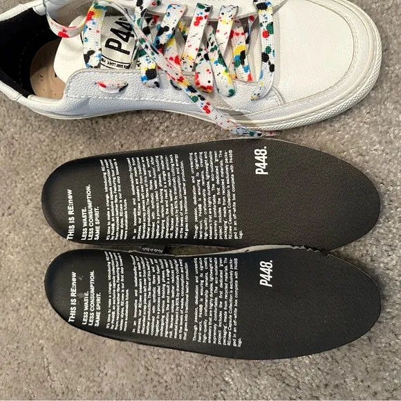 P448 Eco-Friendly Leather Low Top Shoes White w Rainbow Splatter Paint Laces