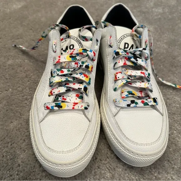 P448 Eco-Friendly Leather Low Top Shoes White w Rainbow Splatter Paint Laces