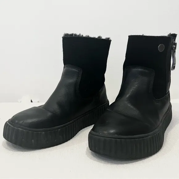 Pajar Shearling Fur Leather Side Zip Platform Winter Ankle Boots Black EU 38 7.5