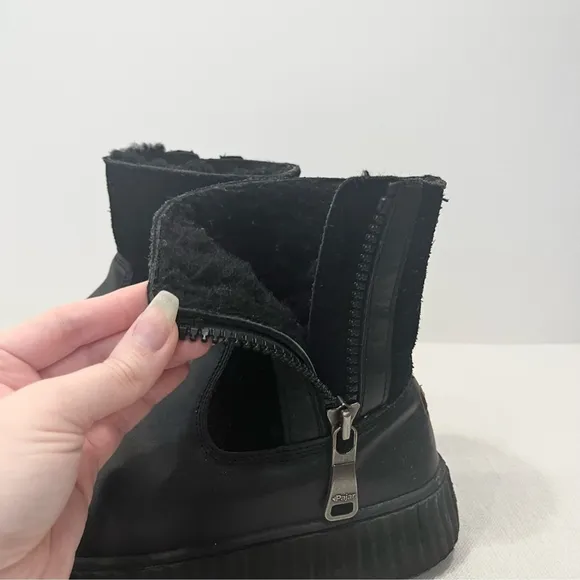 Pajar Shearling Fur Leather Side Zip Platform Winter Ankle Boots Black EU 38 7.5